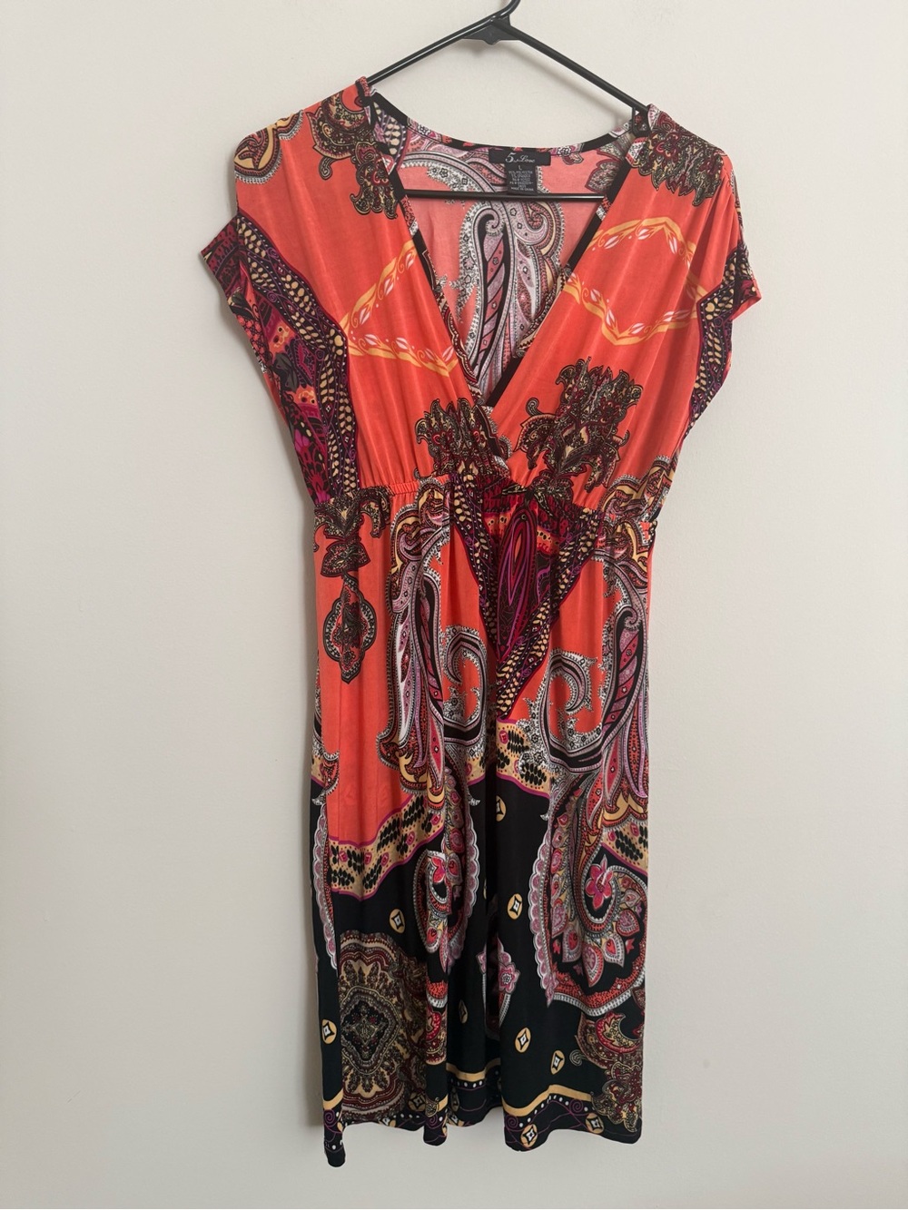 5th & Love Boho Paisley Faux Wrap Midi Dress Coral Pink Black Women’s Large - Picture 5 of 8